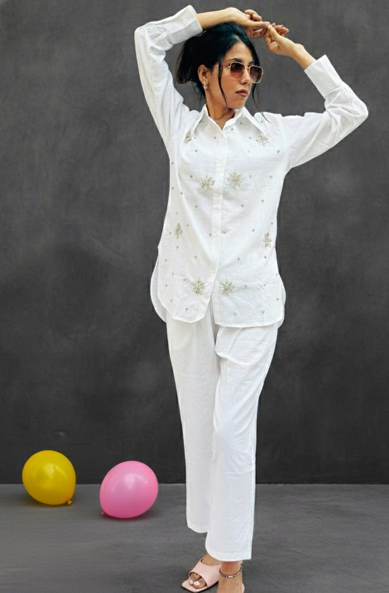 WHITE LINEN EMBELLISHED CLASSIC CO-ORD BESU INDIA