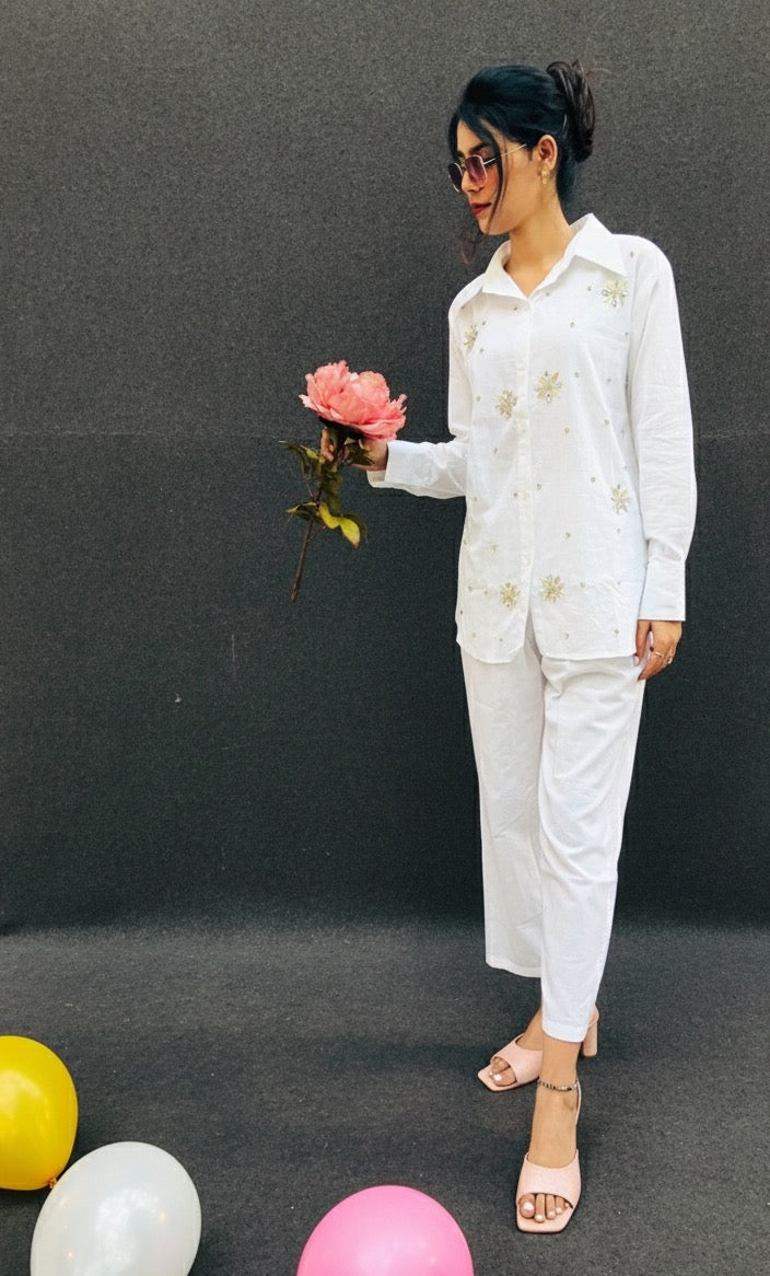 WHITE LINEN EMBELLISHED CLASSIC CO-ORD BESU INDIA