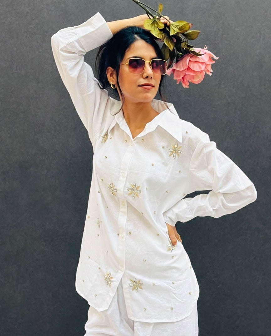 WHITE LINEN EMBELLISHED CLASSIC CO-ORD BESU INDIA