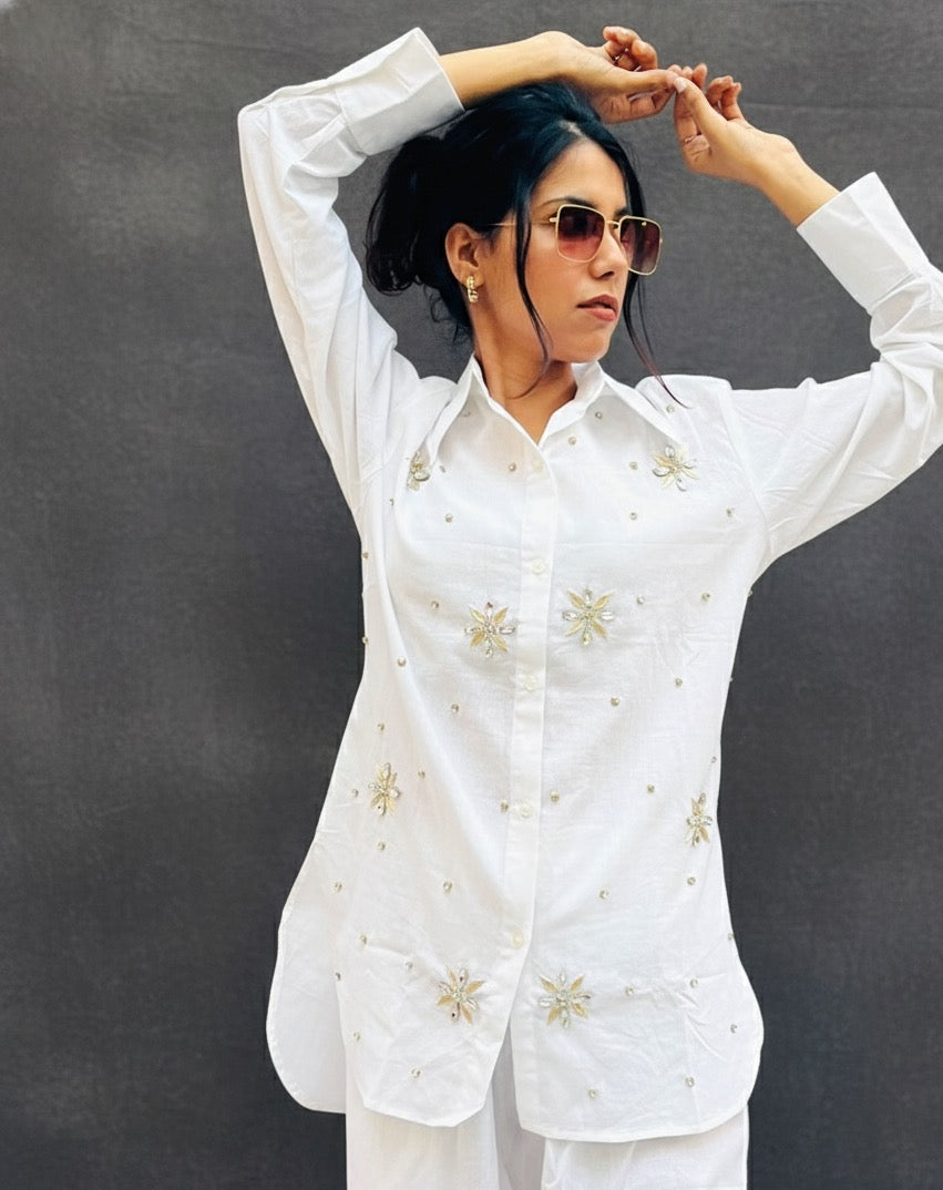 WHITE LINEN EMBELLISHED CLASSIC CO-ORD BESU INDIA