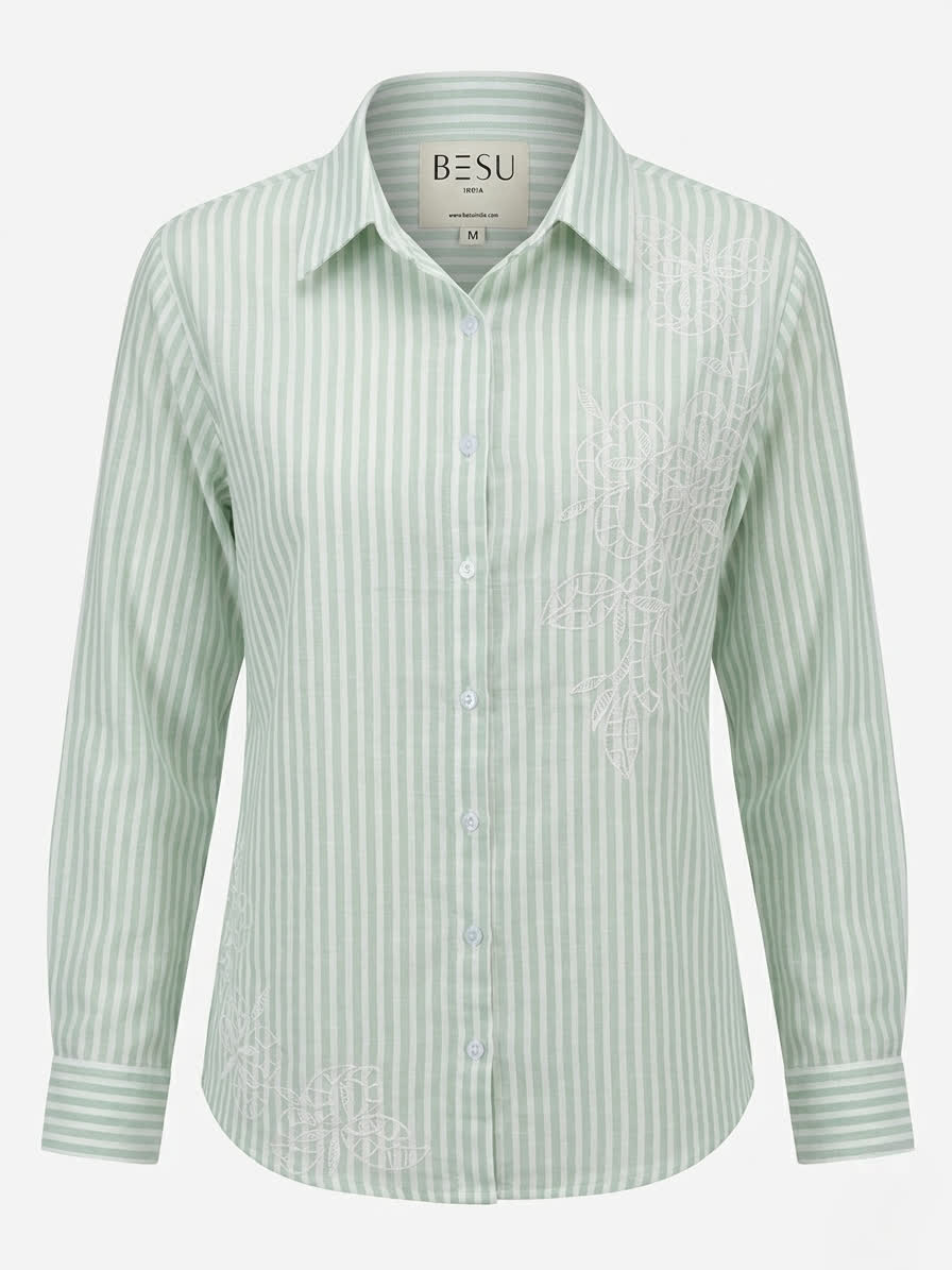 PASTEL GREEN STRIPED SHIRT WITH WHITE EMBROIDERY BESU INDIA