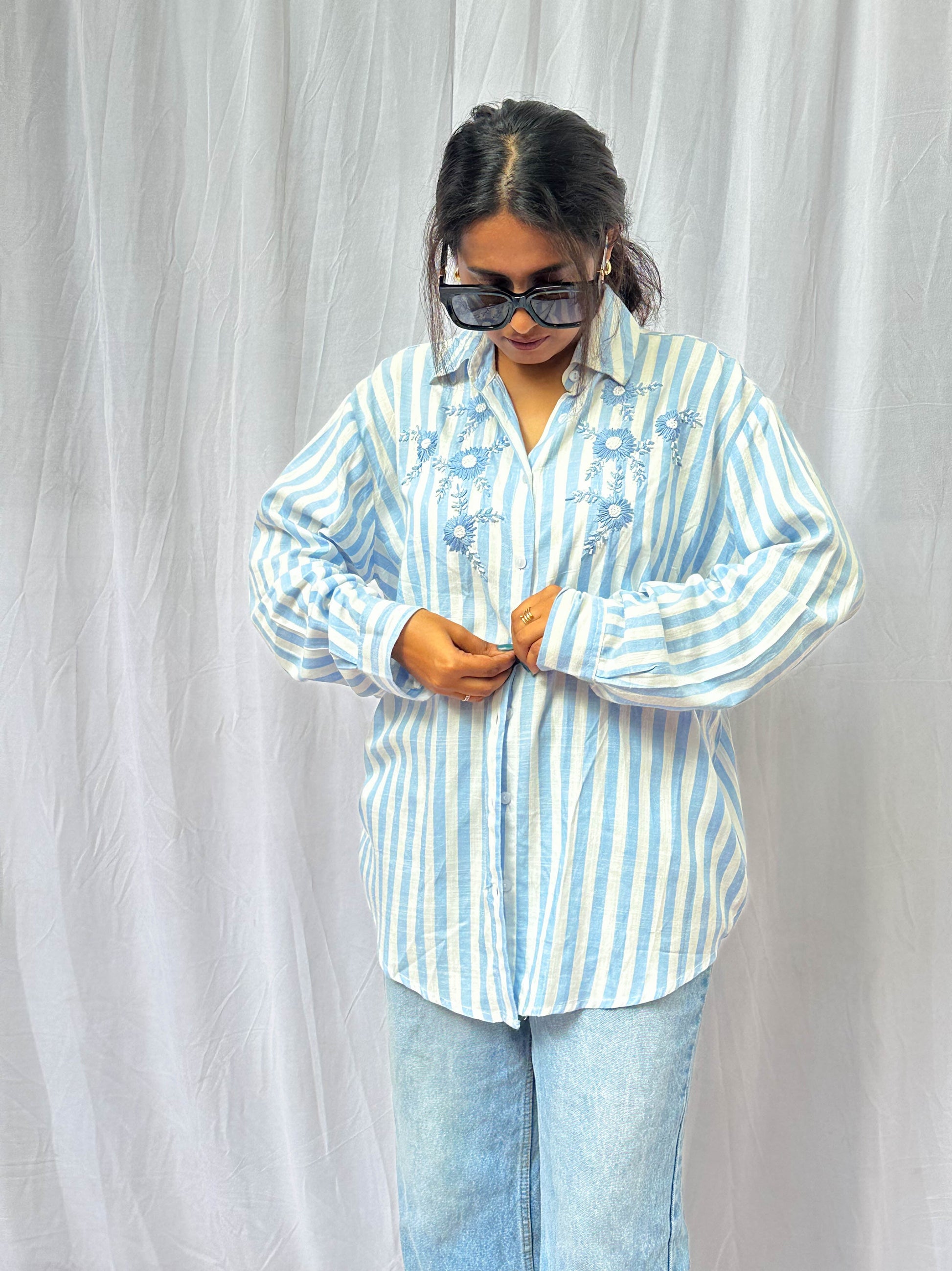 BLUE AND WHITE STRIPED COTTON SHIRT WITH HAND EMBROIDERY BESU INDIA