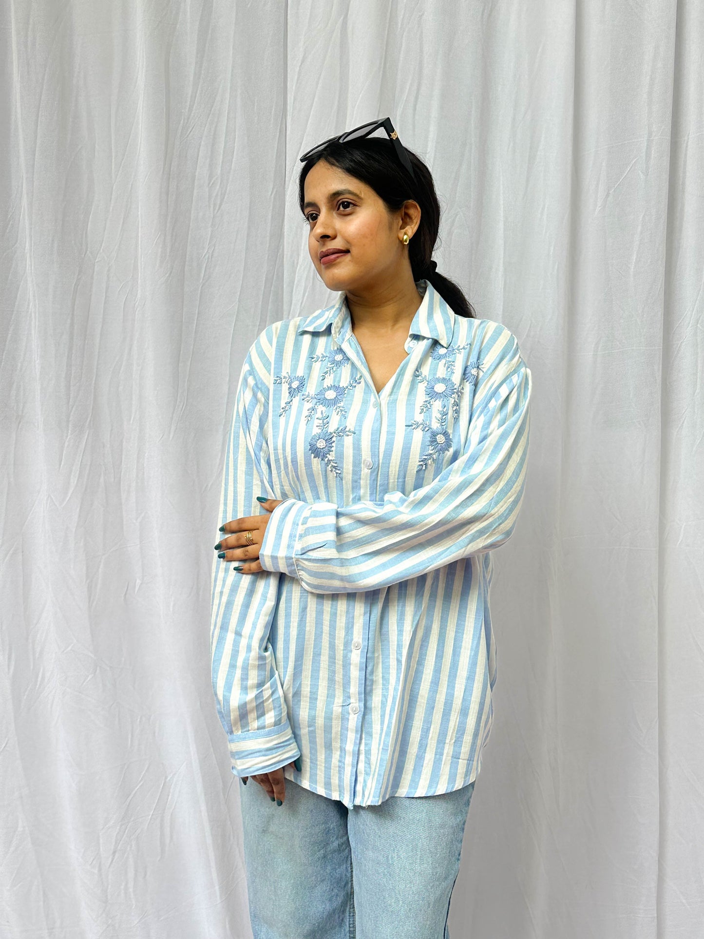 BLUE AND WHITE STRIPED COTTON SHIRT WITH HAND EMBROIDERY BESU INDIA