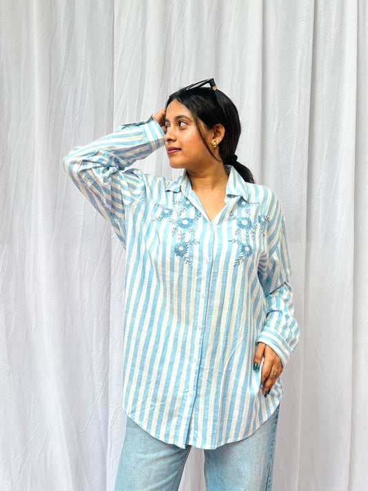 BLUE AND WHITE STRIPED COTTON SHIRT WITH HAND EMBROIDERY BESU INDIA