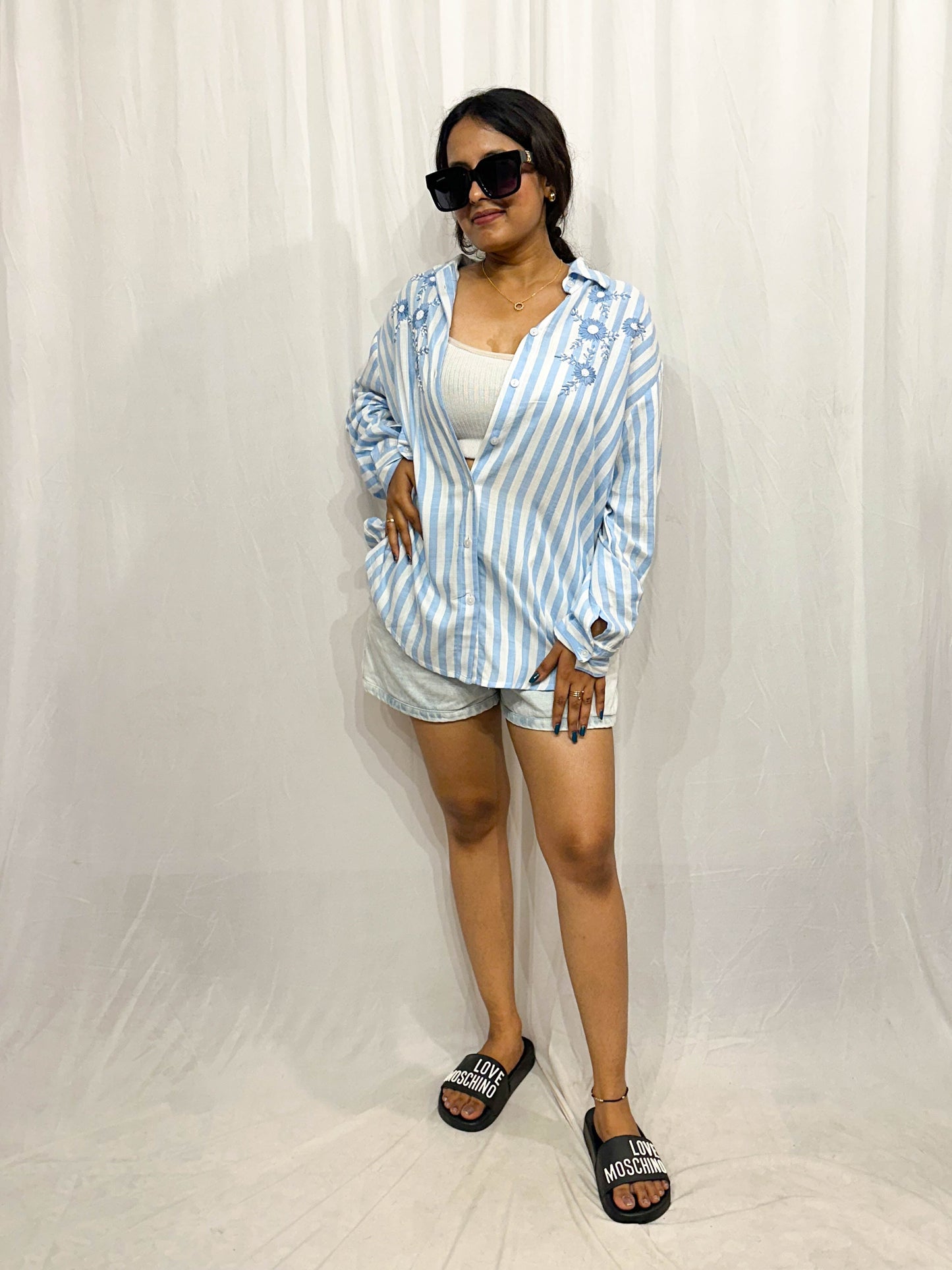 BLUE AND WHITE STRIPED COTTON SHIRT WITH HAND EMBROIDERY BESU INDIA