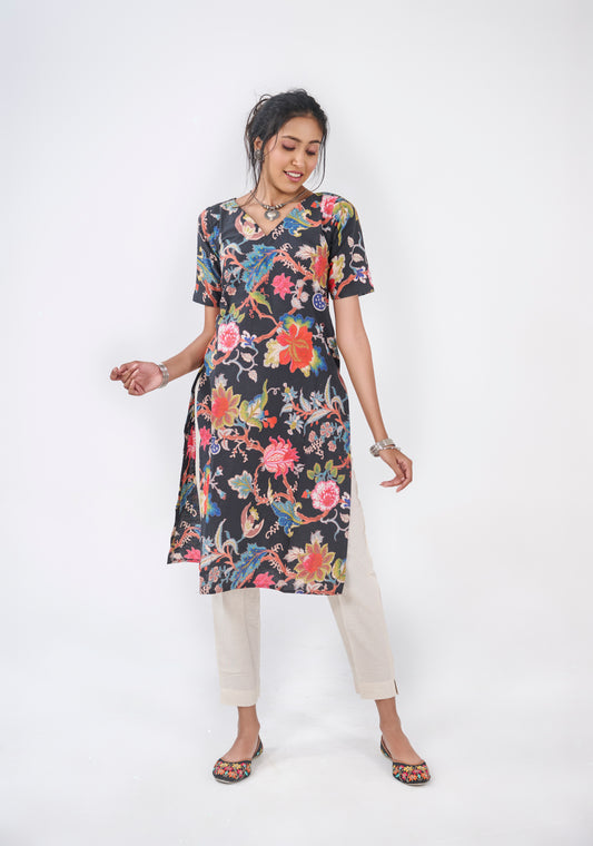 BLACK FLORAL 'V' NECK KURTA TOP BESU INDIA