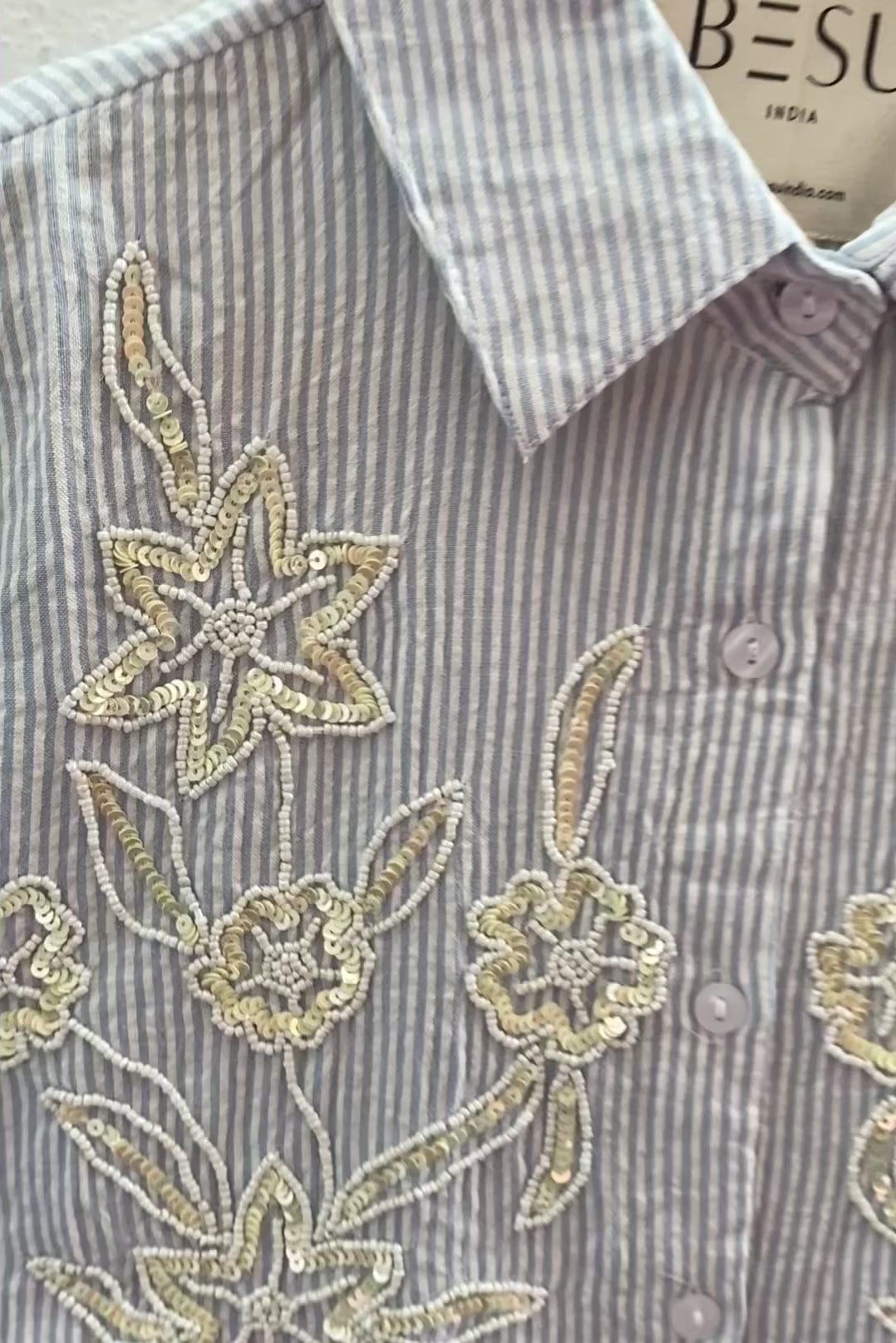 LIGHT BLUE STRIPED SHIRT WITH SEQUINS EMBROIDERY