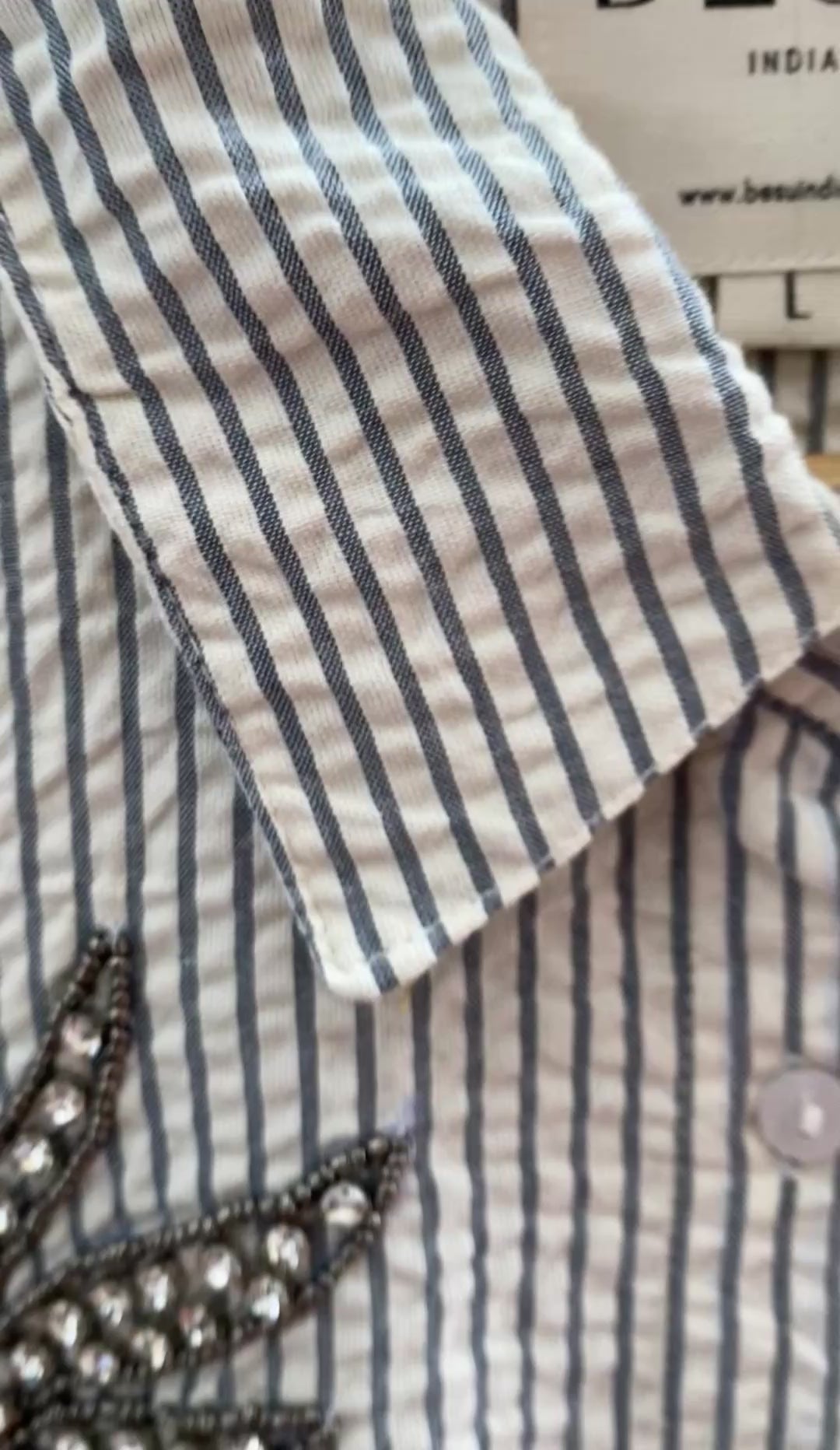 GREY AND WHITE STRIPES TEXTURED COTTON SHIRT WITH EMBELLISHMENTS
